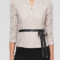 3/4 Sleeve Blouse with Scallop Front Detail and Tie Belt