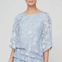 Burnout Chiffon Blouse with Asymmetrical Triple Tier Hem & Illusion Sleeves