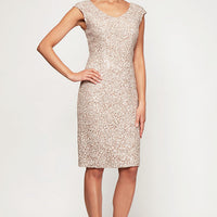 Short V-Neck Sheath Dress With Cap Sleeves and Cording Detail