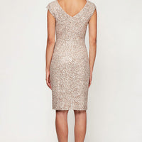 Short V-Neck Sheath Dress With Cap Sleeves and Cording Detail