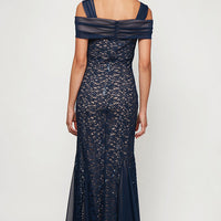 Long Lace Fit & Flare Cold Shoulder Dress
