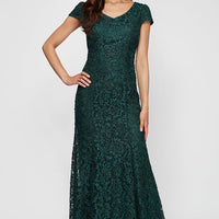 Long Corded Lace V-Neck Fit and Flare Dress with Cap Sleeves