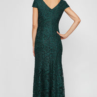 Long Corded Lace V-Neck Fit and Flare Dress with Cap Sleeves
