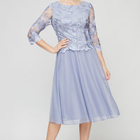 Tea-Length Embroidered Dress with Illusion Sleeves, Scallop Detail and Full Skirt