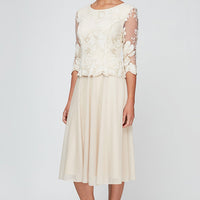 Tea-Length Embroidered Mock Dress with Illusion Sleeves, Scallop Detail and Full Skirt