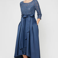Sequin Lace Party Dress with Satin Skirt & Ribbon Belt