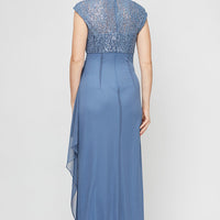 Petite Long Cap Sleeve Empire Waist Dress With Cording Detail and Cascade Skirt