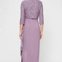 Petite Long Empire Waist Bolero Jacket Dress With Open Jacket, Scoop Neck Bodice and Cascade Detail Skirt