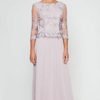 Petite Long A-Line Embroidered Mock Dress with Scallop Detail and 3/4 Sleeves