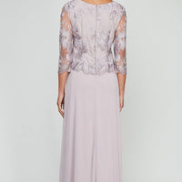 A-Line Embroidered Tulle & Chiffon Dress with Scallop Detail