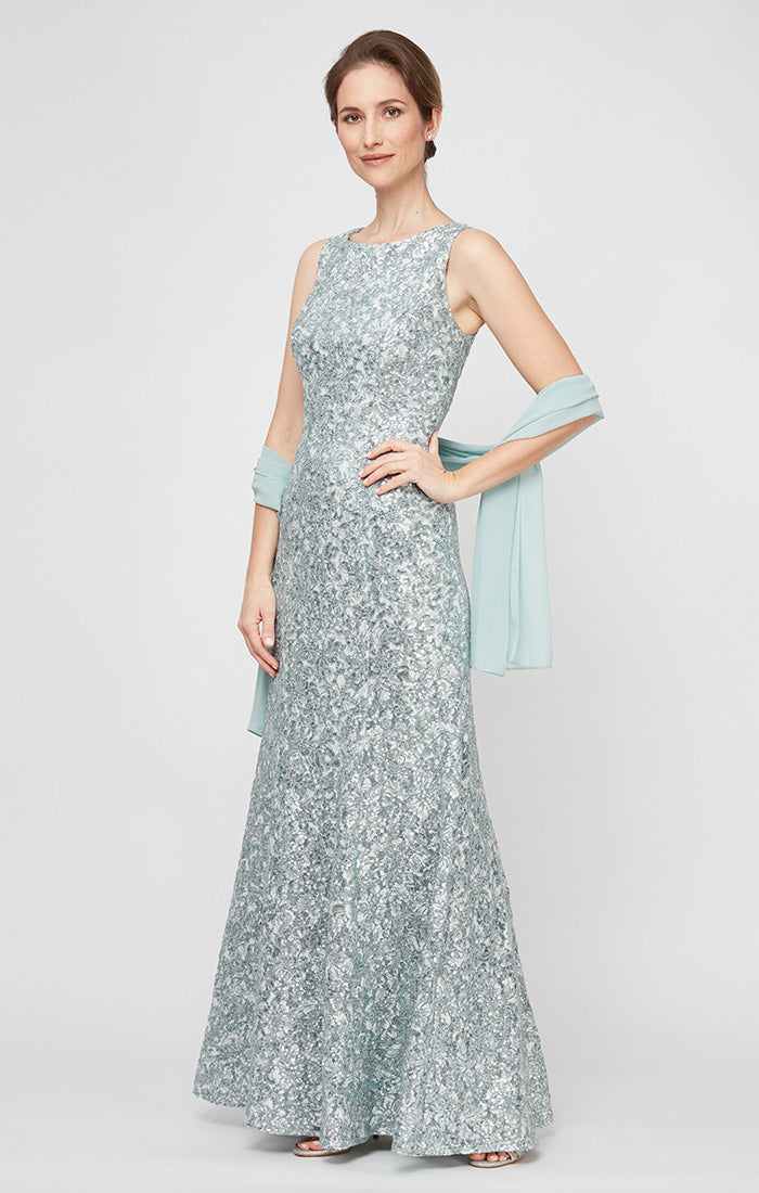 Sleeveless Corded Fit and Flare Dress With Shawl