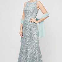 Sleeveless Corded Fit and Flare Dress With Shawl