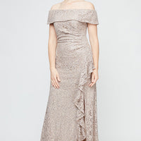 Regular - Off-the-Shoulder Sequin Lace Dress with Cascade Ruffle Detail Skirt