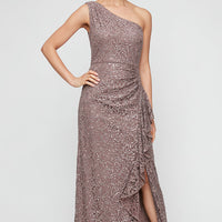 Long One Shoulder Lace Dress with Cascade Ruffle Detail