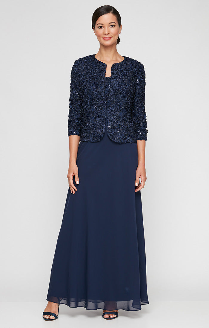 Long Empire Waist Dress With Open Soutache Jacket