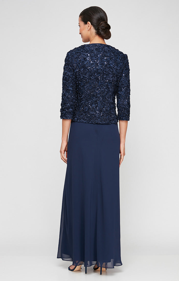 Long Empire Waist Dress With Open Soutache Jacket