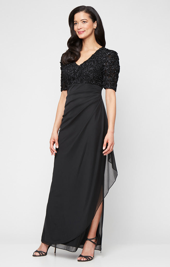 Plus Long Empire Waist Dress with Soutache Bodice, Puff Sleeve Detail and Cascade Ruffle Skirt