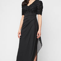Long Empire Waist Dress with Soutache Bodice, Puff Sleeve Detail and Cascade Ruffle Skirt
