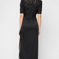 Petite Long Empire Waist Dress with Soutache Bodice, Puff Sleeve Detail and Cascade Ruffle Skirt