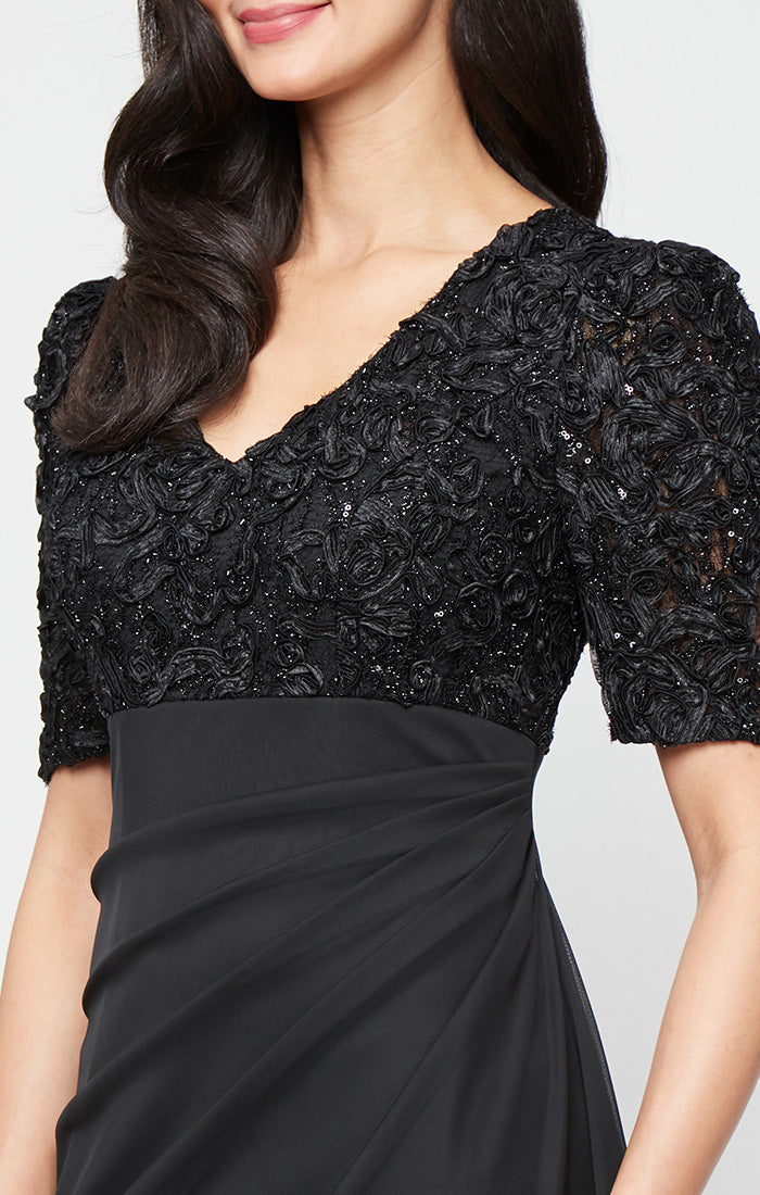 Petite Long Empire Waist Dress with Soutache Bodice, Puff Sleeve Detail and Cascade Ruffle Skirt