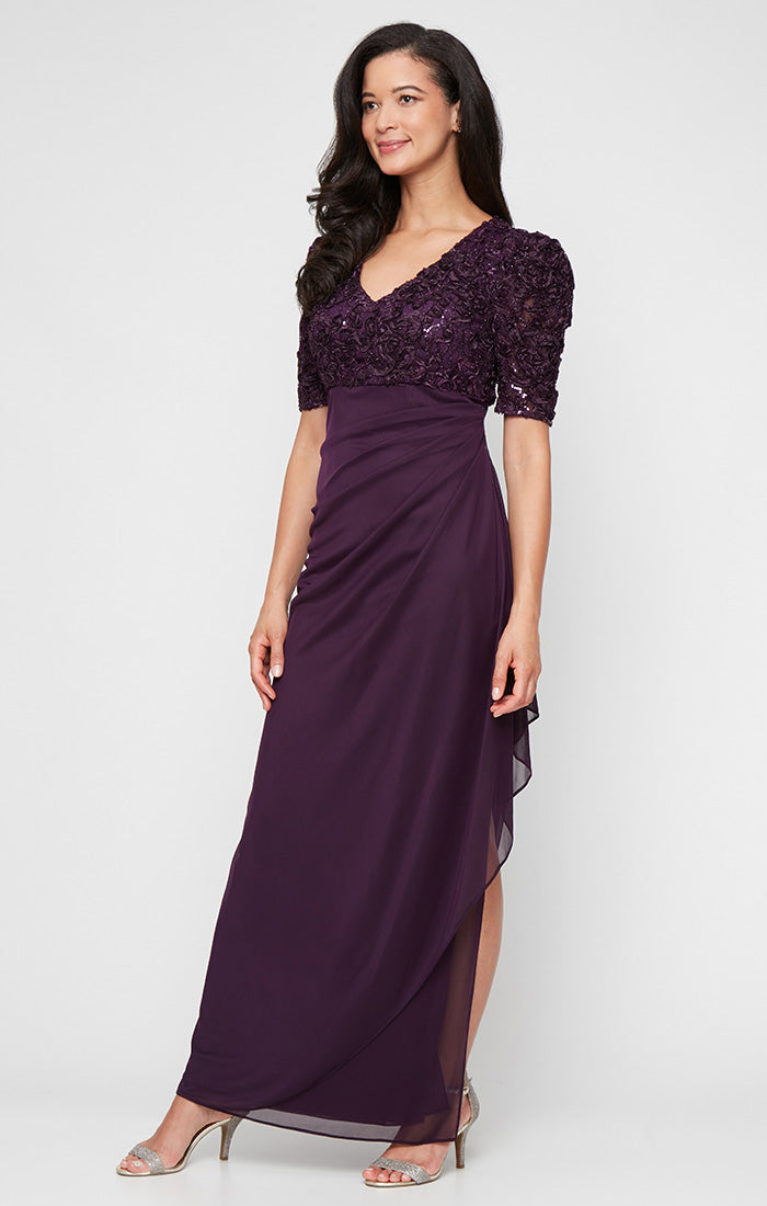 Plus Long Empire Waist Dress with Soutache Bodice, Puff Sleeve Detail and Cascade Ruffle Skirt
