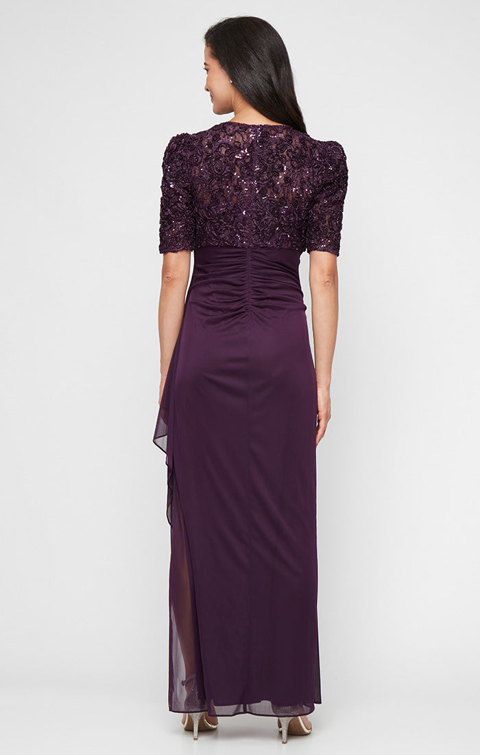Plus Long Empire Waist Dress with Soutache Bodice, Puff Sleeve Detail and Cascade Ruffle Skirt