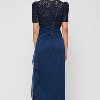 Long Empire Waist Dress with Soutache Bodice, Puff Sleeve Detail and Cascade Ruffle Skirt