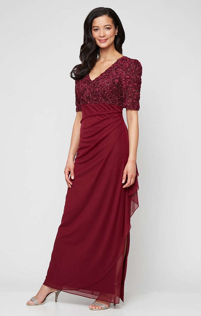 Petite Long Empire Waist Dress with Soutache Bodice, Puff Sleeve Detail and Cascade Ruffle Skirt