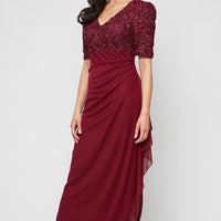Petite Long Empire Waist Dress with Soutache Bodice, Puff Sleeve Detail and Cascade Ruffle Skirt