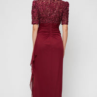 Long Empire Waist Dress with Soutache Bodice, Puff Sleeve Detail and Cascade Ruffle Skirt