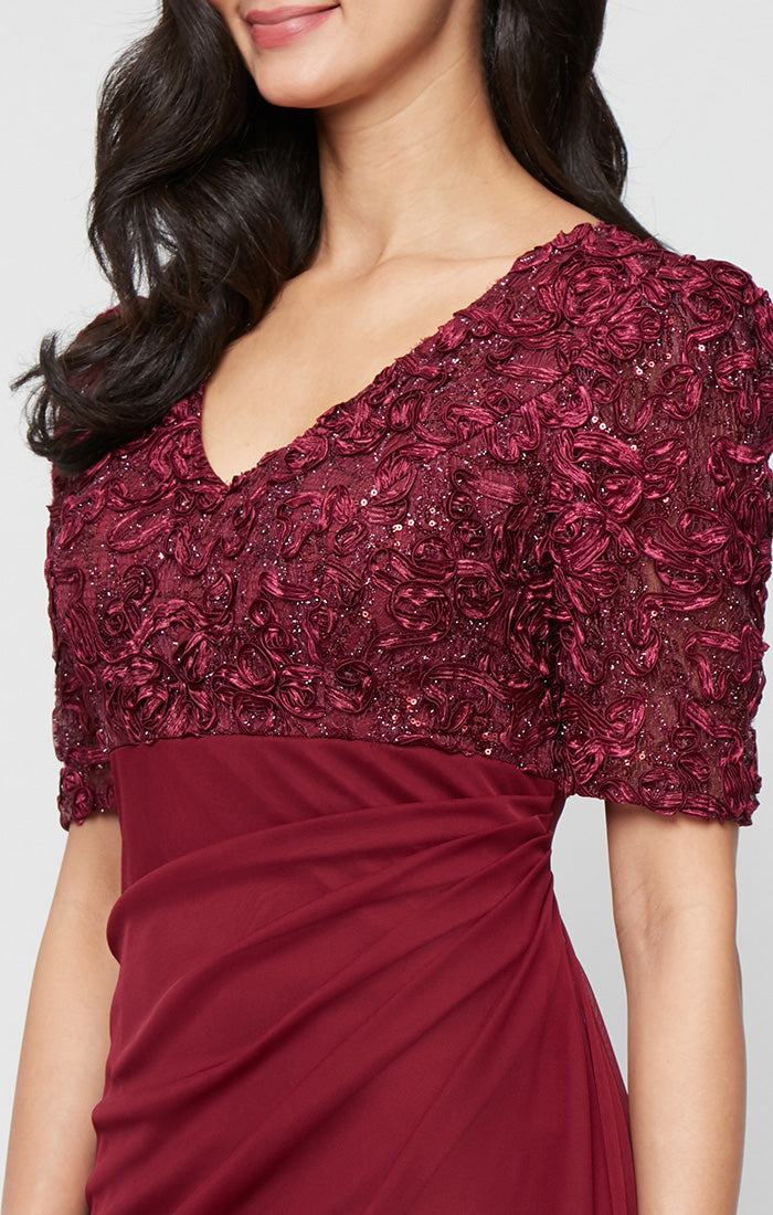 Petite Long Empire Waist Dress with Soutache Bodice, Puff Sleeve Detail and Cascade Ruffle Skirt