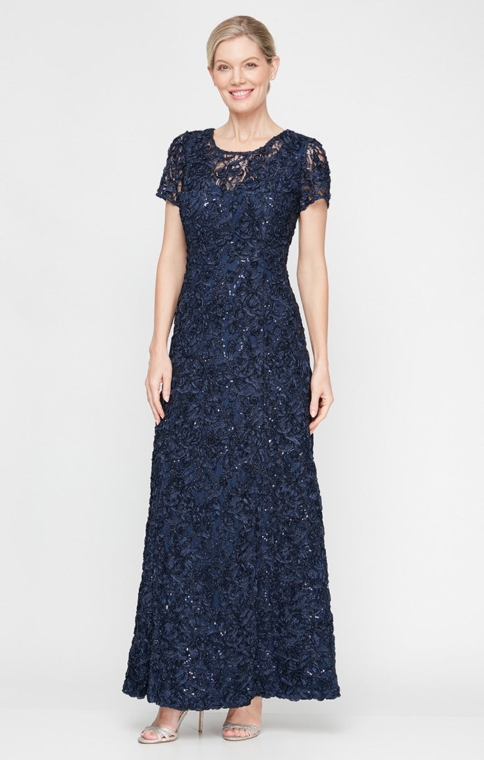 Soutache Sequin Lace A-Line Dress with Short Sleeves and Illusion Neckline
