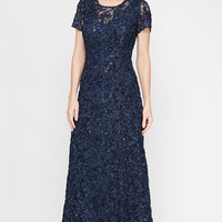 Petite Long Soutache A-Line Dress with Short Sleeves and Illusion Neckline
