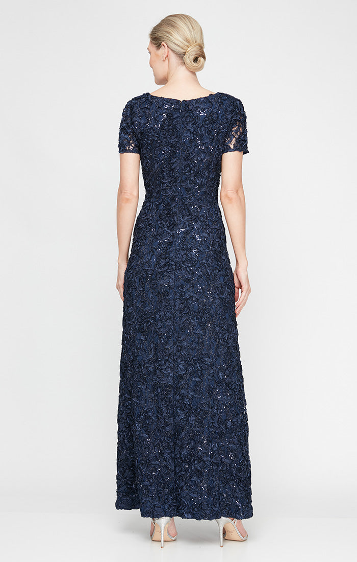 Soutache Sequin Lace A-Line Dress with Short Sleeves and Illusion Neckline