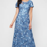 Petite Soutache A-Line Dress with Short Sleeves and Illusion Neckline