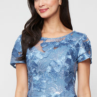 Petite Soutache A-Line Dress with Short Sleeves and Illusion Neckline