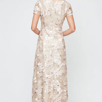 Petite Soutache A-Line Dress with Short Sleeves and Illusion Neckline