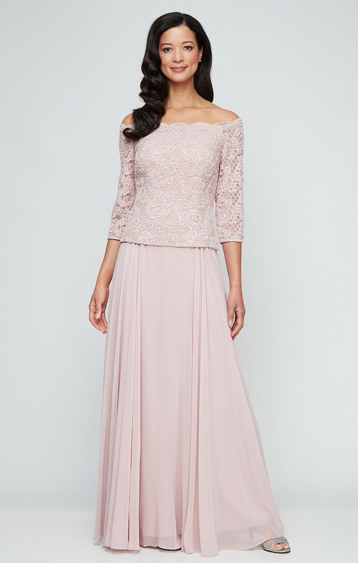 Stretch Lace Off the Shoulder Mock Dress with Scallop Neckline & Chiffon Full Skirt