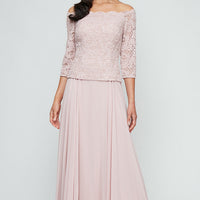 Stretch Lace Off the Shoulder Mock Dress with Scallop Neckline & Chiffon Full Skirt