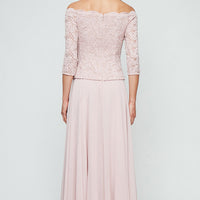 Stretch Lace Off the Shoulder Mock Dress with Scallop Neckline & Chiffon Full Skirt