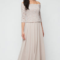 Stretch Lace Off the Shoulder Mock Dress with Scallop Neckline & Chiffon Full Skirt