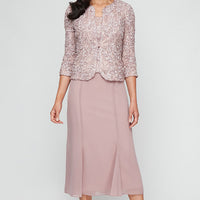 Regular - Tea-Length Soutache Dress with Center Front Button Jacket and Chiffon Skirt