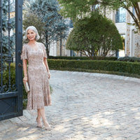 Plus - Tea-Length V-Neck Sequin Soutache Dress with Cold Shoulder Sleeves