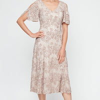 Petite - Tea-Length V-Neck Sequin Soutache Dress with Cold Shoulder Sleeves