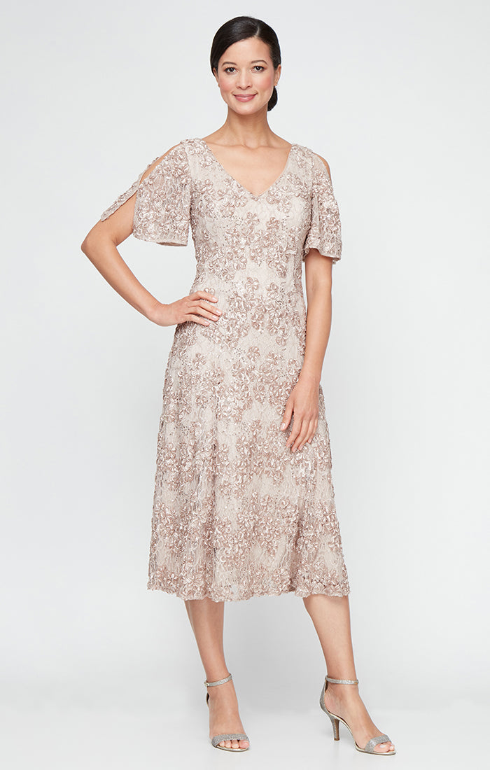 Regular - Tea-Length V-Neck Sequin Soutache Dress with Cold Shoulder Sleeves