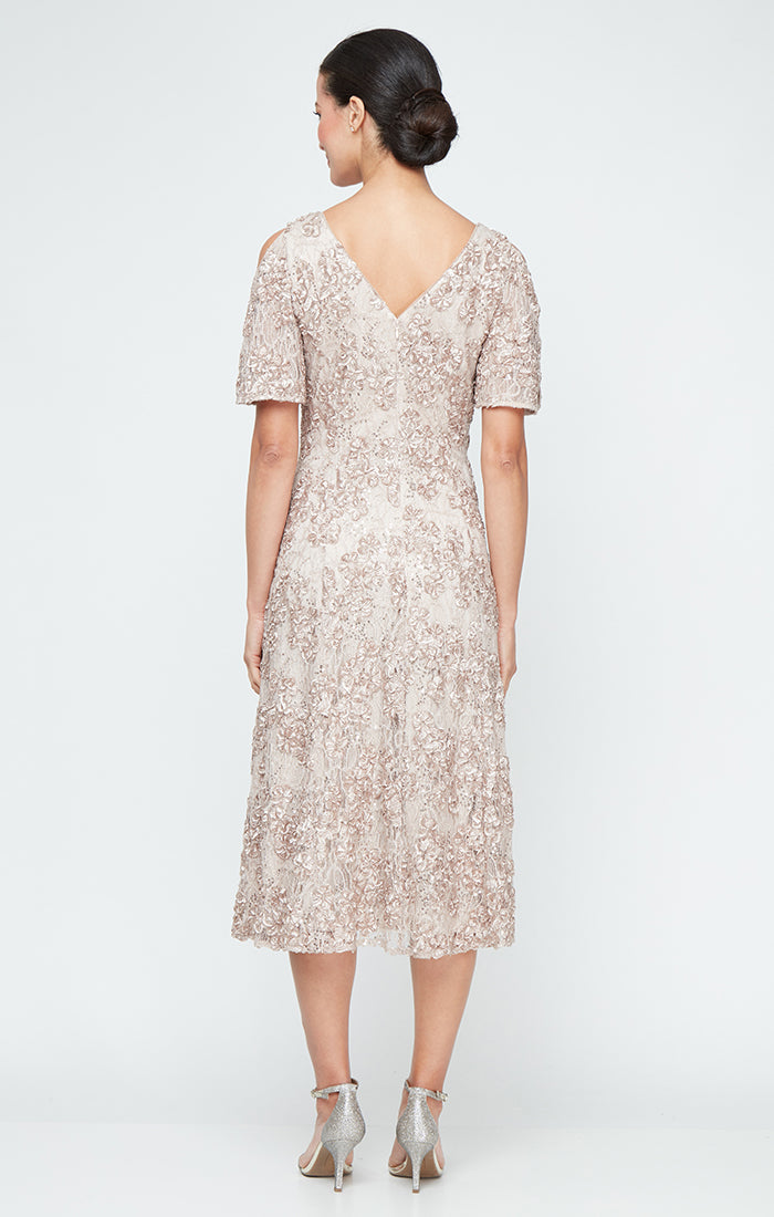 Regular - Tea-Length V-Neck Sequin Soutache Dress with Cold Shoulder Sleeves
