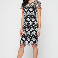 Short Embroidered Lace Dress with Illusion Neckline, Short Sleeves and Scallop Detail