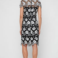 Short Embroidered Lace Dress with Illusion Neckline, Short Sleeves and Scallop Detail