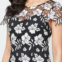 Short Embroidered Lace Dress with Illusion Neckline, Short Sleeves and Scallop Detail