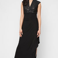 Petite Long Sleeveless Empire Waist Dress with Corded Bodice and Cascade Detail Jersey Skirt